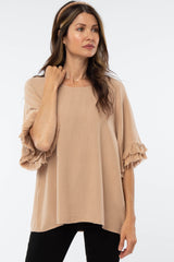 Mocha Linen Fringe Ruffle Trim Maternity Top