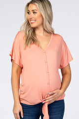 Peach Tie Front Short Sleeve Maternity Top