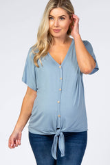 Light Blue Tie Front Short Sleeve Maternity Top