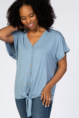 Light Blue Tie Front Short Sleeve Top