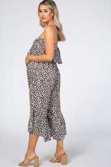 Brown Animal Print Flounce Maternity Jumpsuit