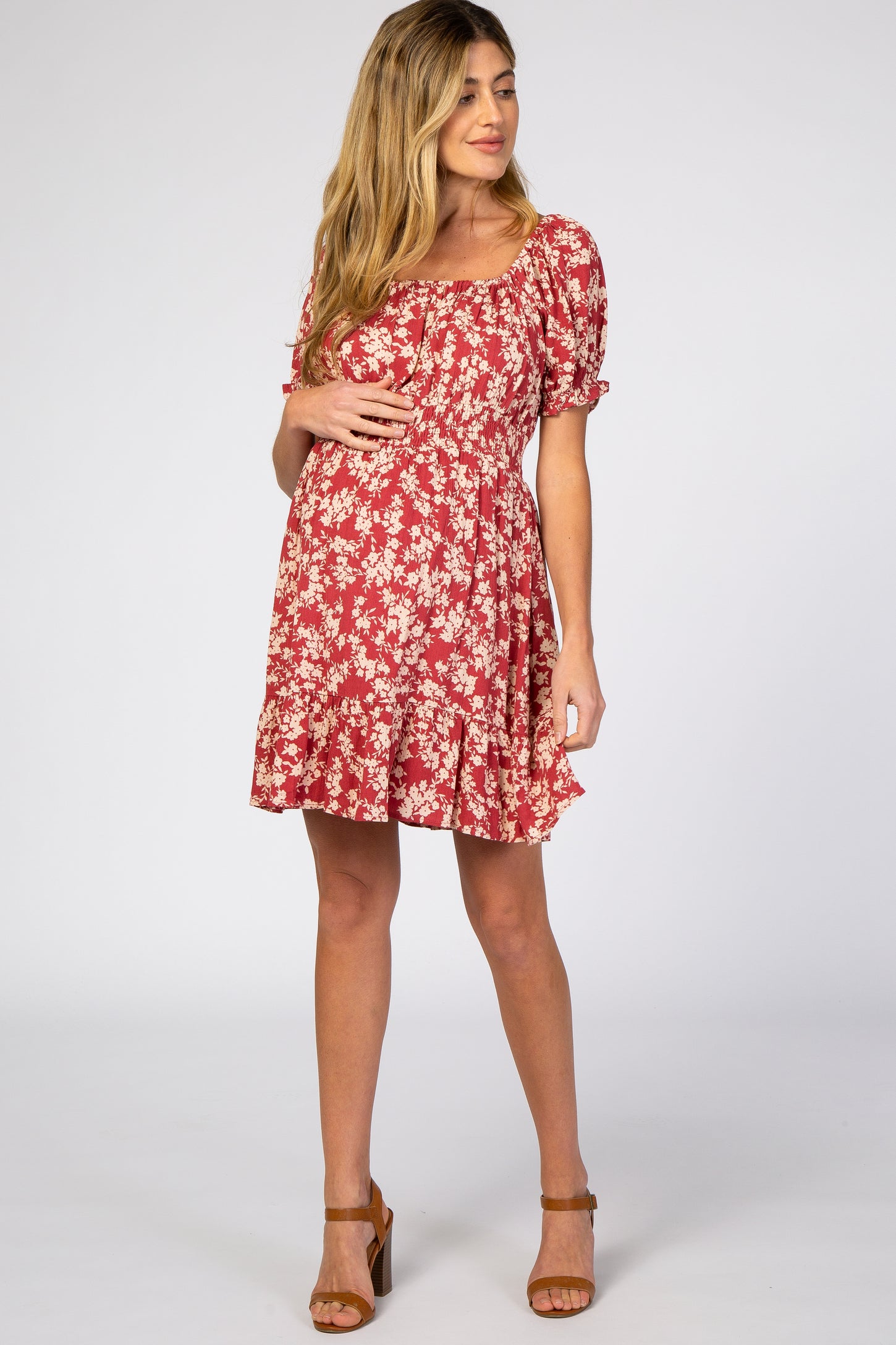 Red Floral Off Shoulder Maternity Mini Dress