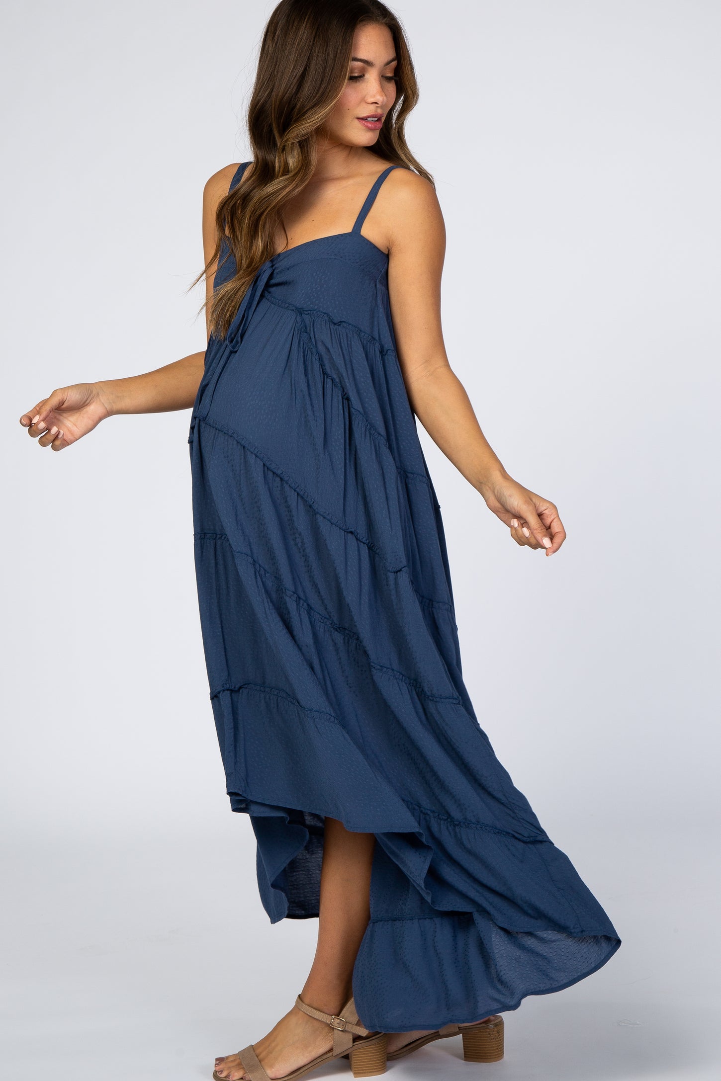 Navy Blue Ruffle Tier Hi-Low Maternity Dress