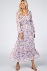 Grey Floral Chiffon Swiss Dot Maternity Maxi Dress