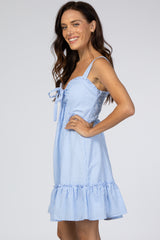 Light Blue Checkered Sweetheart Neck Front Tie Dress