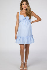 Light Blue Checkered Sweetheart Neck Front Tie Maternity Dress