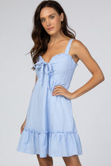 Light Blue Checkered Sweetheart Neck Front Tie Dress