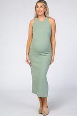 Light Olive Ribbed Fitted Maternity Midi Dress