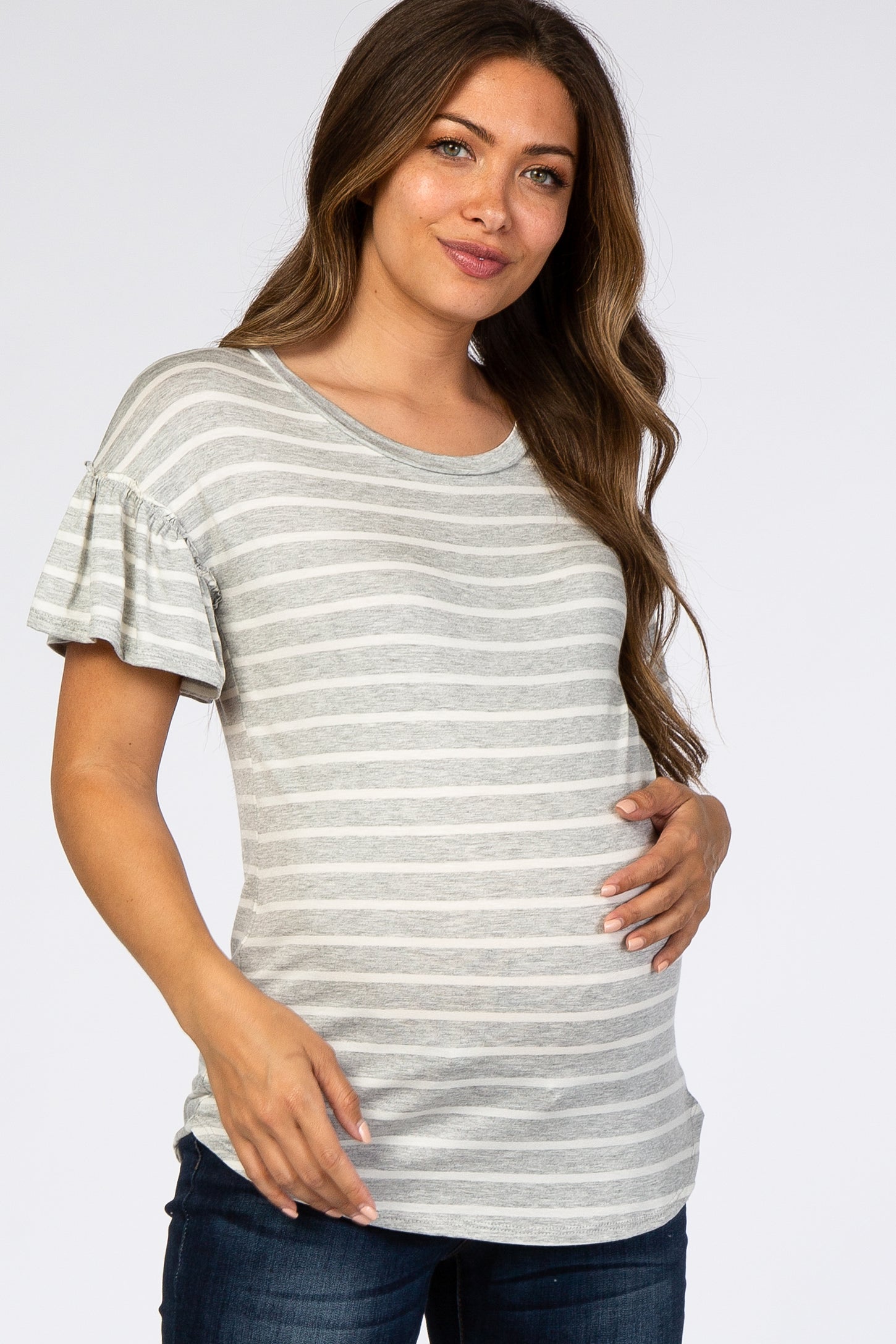 Heather Grey Ivory Striped Ruffle Short Sleeve Maternity Top