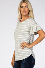 Heather Grey Ivory Striped Ruffle Short Sleeve Top