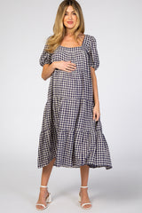 Navy Checkered Square Neck Maternity Midi Dress