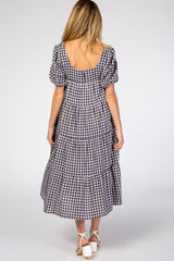 Navy Checkered Square Neck Maternity Midi Dress