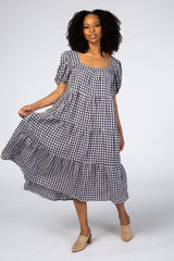 Navy Checkered Square Neck Midi Dress