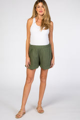 Olive Scalloped Hem Linen Maternity Shorts