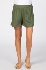 Olive Scalloped Hem Linen Maternity Shorts