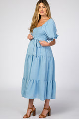 Light Blue Smocked Tiered Maternity Dress