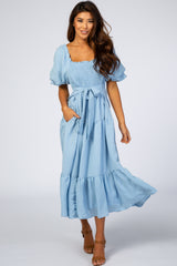 Light Blue Smocked Tiered Maternity Dress