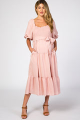 Pink Smocked Tiered Maternity Dress
