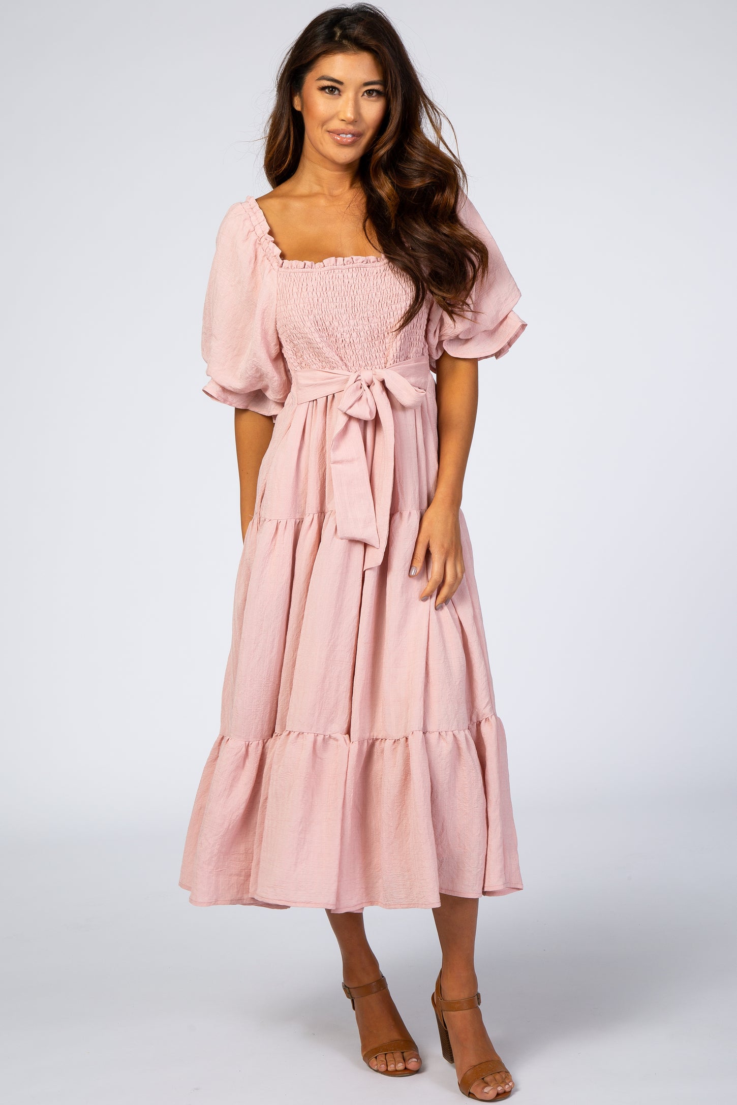 Pink Smocked Tiered Maternity Dress