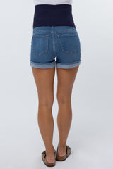 Blue Raw Hem Cuffed Denim Maternity Shorts