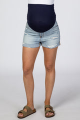 Light Blue Distressed Rolled Cuff Maternity Jean Shorts