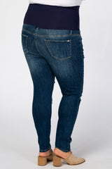 Navy Blue Heavily Distressed Knee Maternity Plus Jeans