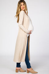 Beige Ribbed Long Sleeve Maternity Duster Cardigan