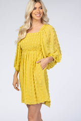 Yellow Textured Dot Smocked Square Neck Chiffon Dress