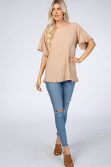 Taupe Short Sleeve Fringe Ruffle Trim Blouse