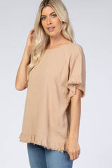 Taupe Short Sleeve Fringe Ruffle Trim Blouse