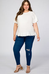 White Short Sleeve Fringe Ruffle Trim Plus Maternity Blouse