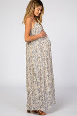 Beige Floral Chiffon Pleated Maternity Maxi Dress