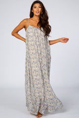 Beige Floral Chiffon Pleated Maxi Dress