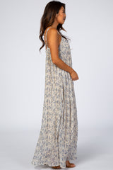 Beige Floral Chiffon Pleated Maxi Dress