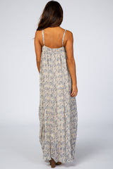 Beige Floral Chiffon Pleated Maxi Dress