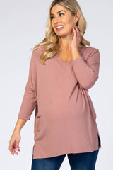 Mauve V-Neck Dropped Shoulder Maternity Top