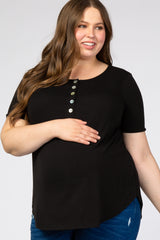 Black Button Front Maternity Plus Short Sleeve Top