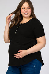 Black Button Front Maternity Plus Short Sleeve Top