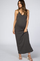 Charcoal Basic V-Neck Maternity Maxi Dress