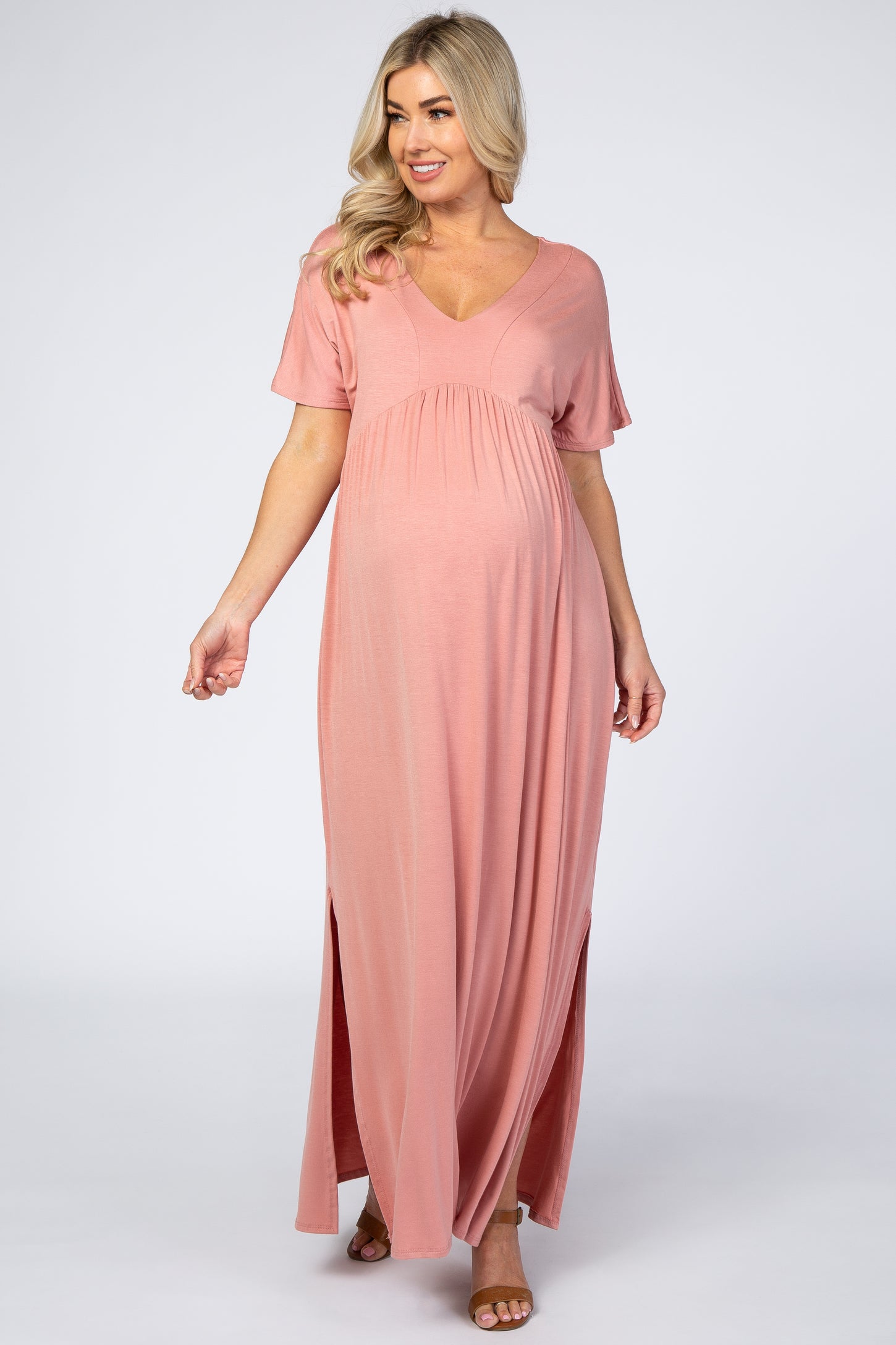 Pink Empire Waist Side Slit Maternity Maxi Dress