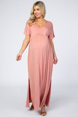 Pink Empire Waist Side Slit Maternity Maxi Dress