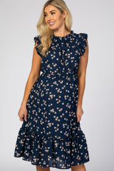 Navy Blue Floral Ruffle Hem Maternity Midi Dress