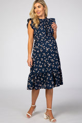 Navy Blue Floral Ruffle Hem Maternity Midi Dress