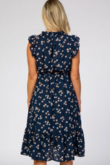 Navy Blue Floral Ruffle Hem Maternity Midi Dress