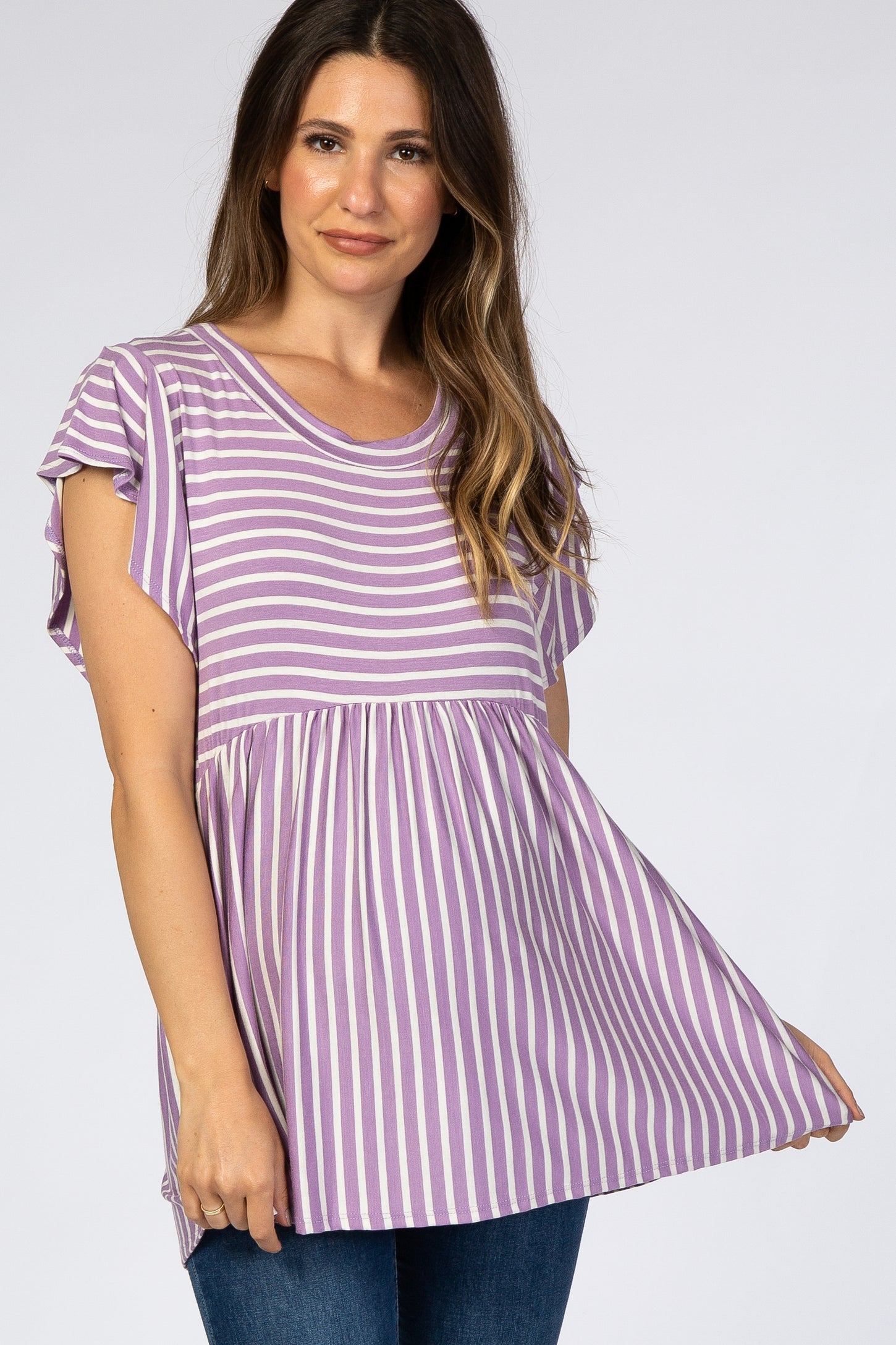 Lavender Striped Ruffle Sleeve Babydoll Maternity Top