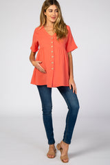 Orange Soft Linen Button Front Maternity Top