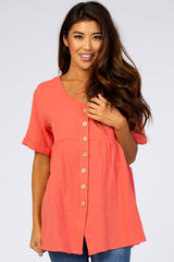 Orange Soft Linen Button Front Maternity Top