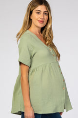 Light Olive Soft Linen Button Front Maternity Top