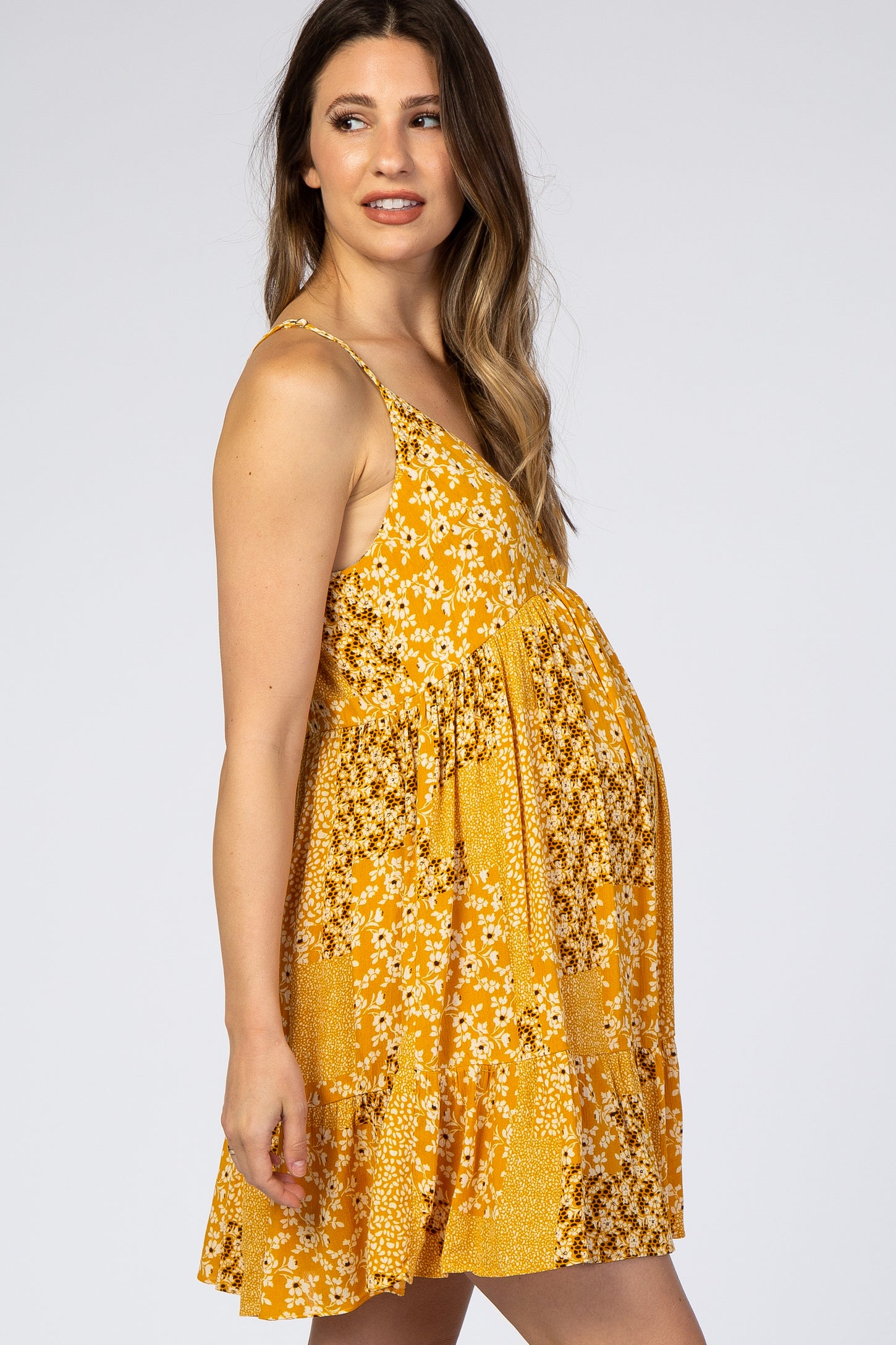 Yellow Printed Button Front Maternity Dress