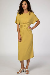 Yellow Wrap Tie Maternity Midi Dress